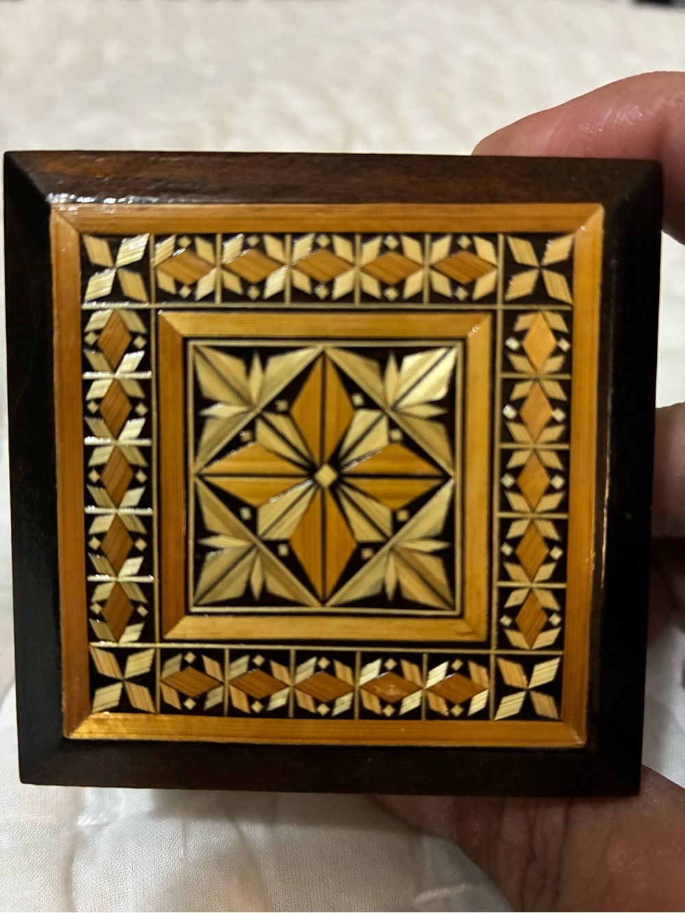 Handcrafted Vintage Russian Inlaid Wood Decorative Trinket Box Geometric Mosaic
